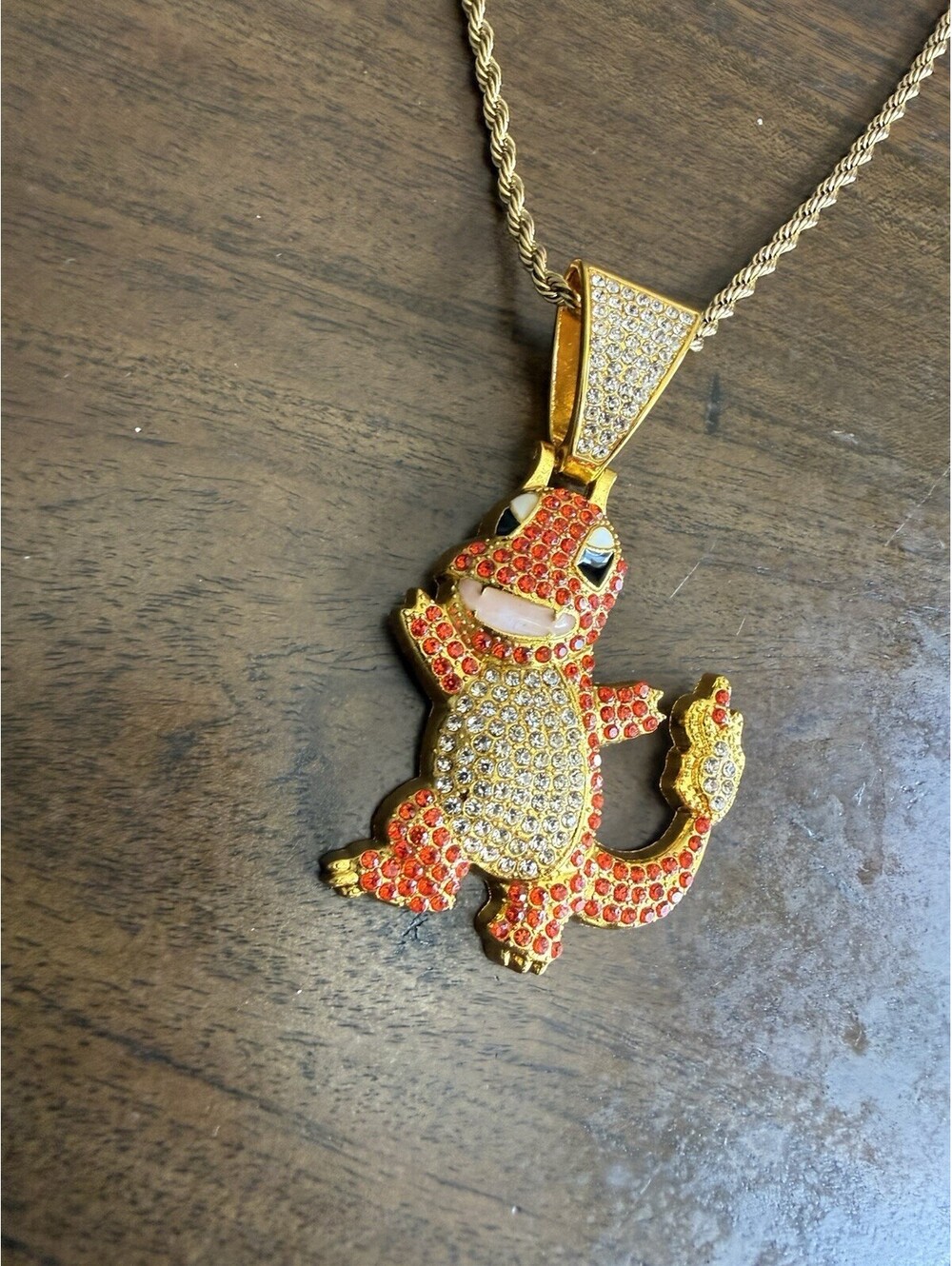 Pokemon Charmander Iced Out Pendant Gold Tone Rope Chain Necklace CZ - Picture 2 of 6